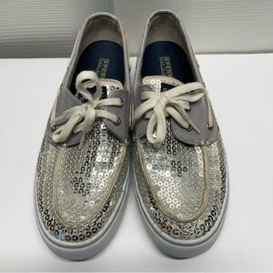 Sperry Top Sider Women's Silver Sequin Boat Shoe Size 8M
